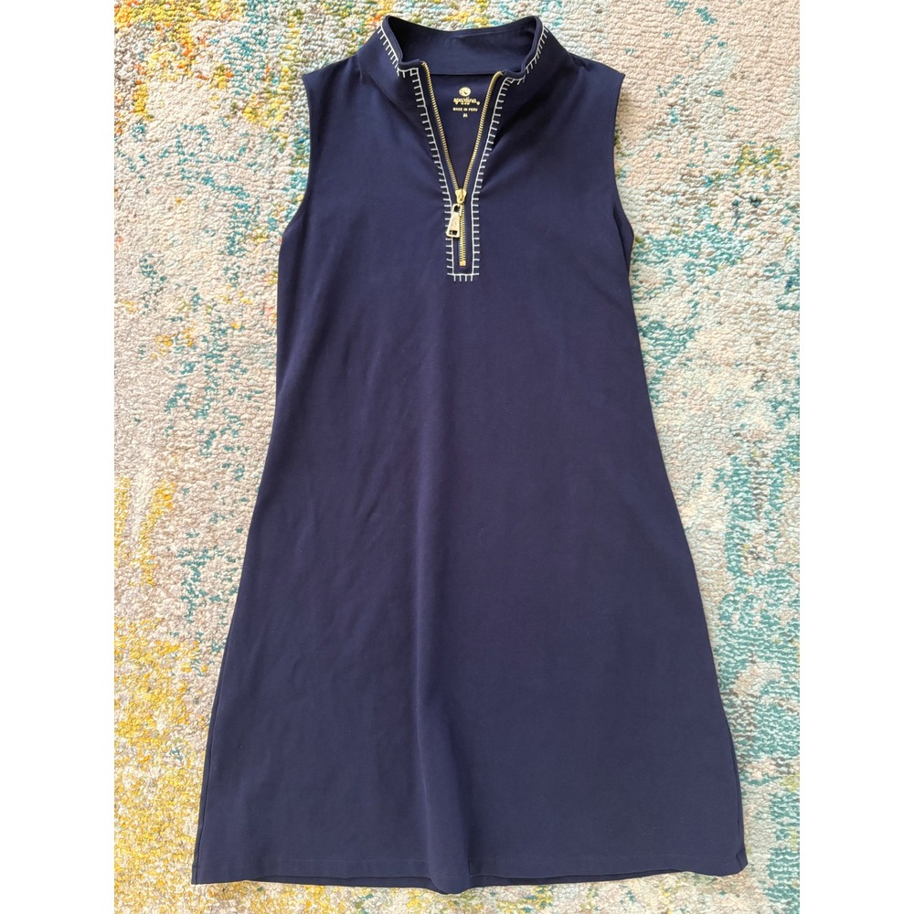Spartina 449 Navy Blue Quarter Zip Sleeveless Shift Dress Mock Neck Womens M
